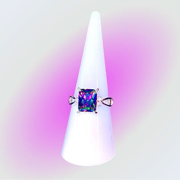 New Exclusively Fancy Mystic Rainbow .925 Sterling Silver Cushion Cut Ring w CZ - Picture 7 of 7
